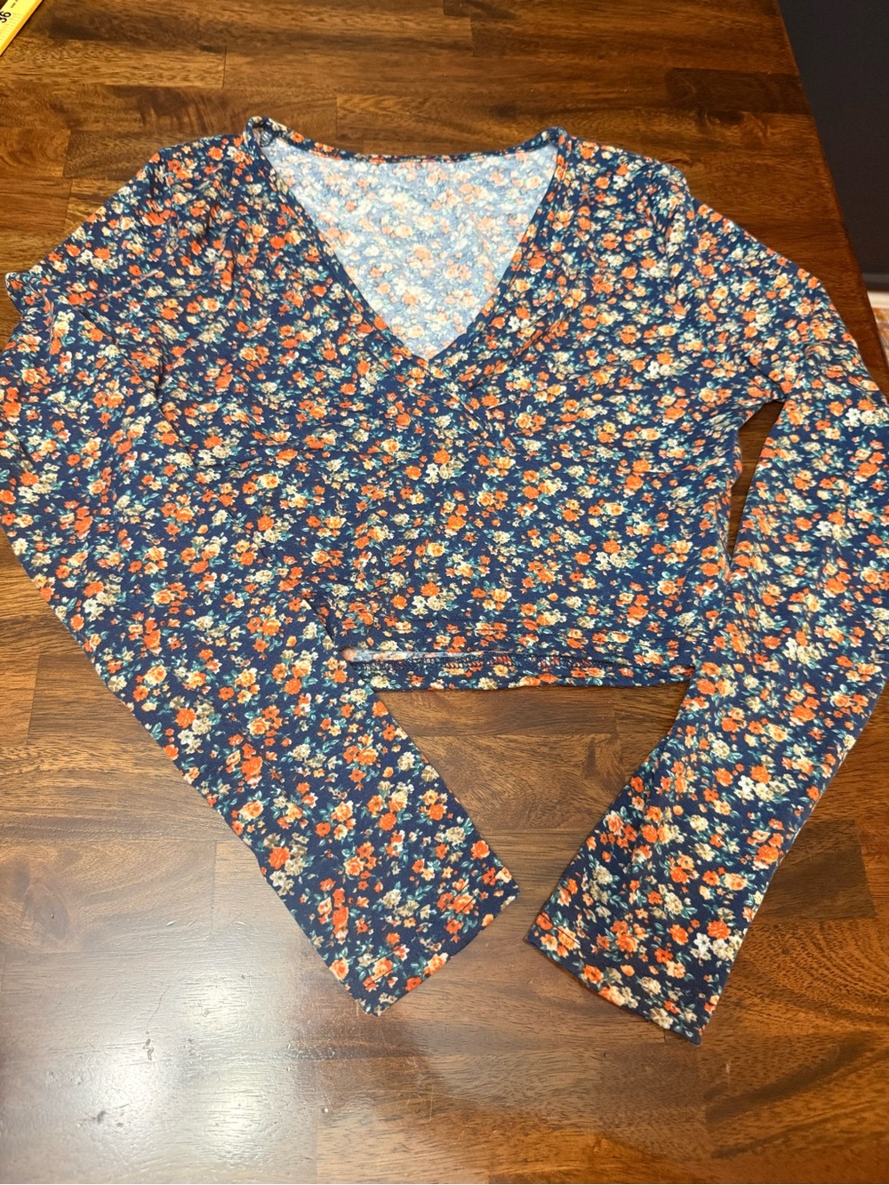 SHEIN Navy Floral V-Neck Long Sleeve Crop Top with Orange & Cream Flowers